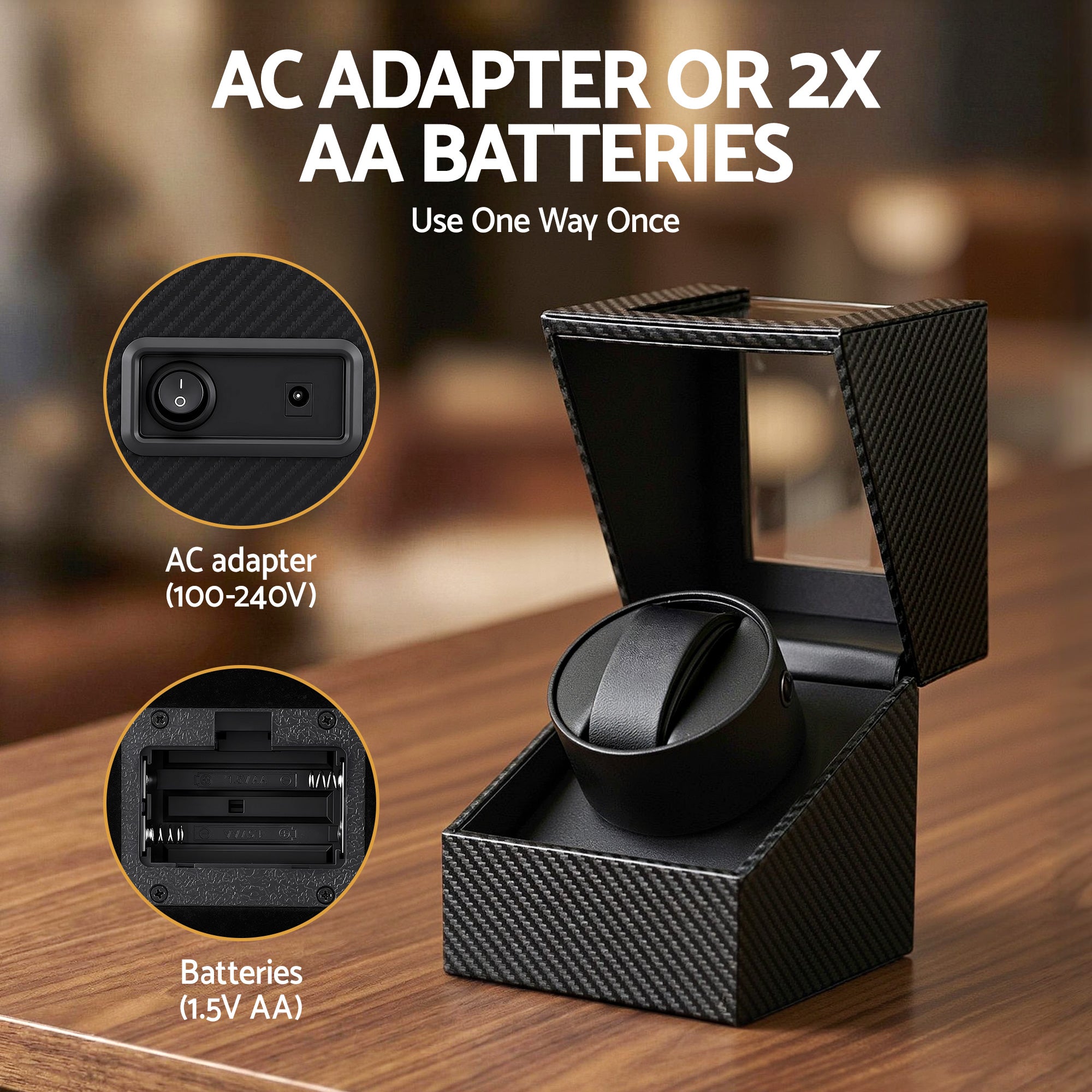 Embellir Watch Winder Box Automatic Single Quiet Carbon Fibre Black WBX-WIN-SINGLE-BK