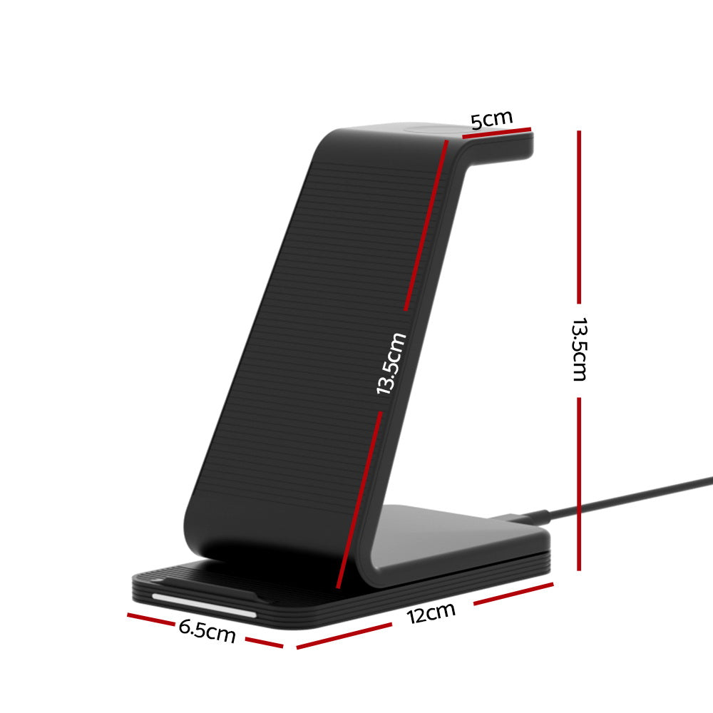 Devanti 3 in 1 Wireless Charger Dock 15W Fast Charging Stand WC-A-053-BK