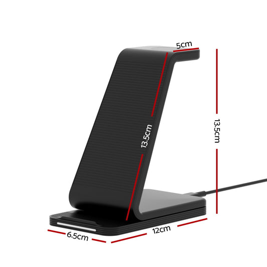 Devanti 3 in 1 Wireless Charger Dock 15W Fast Charging Stand WC-A-053-BK