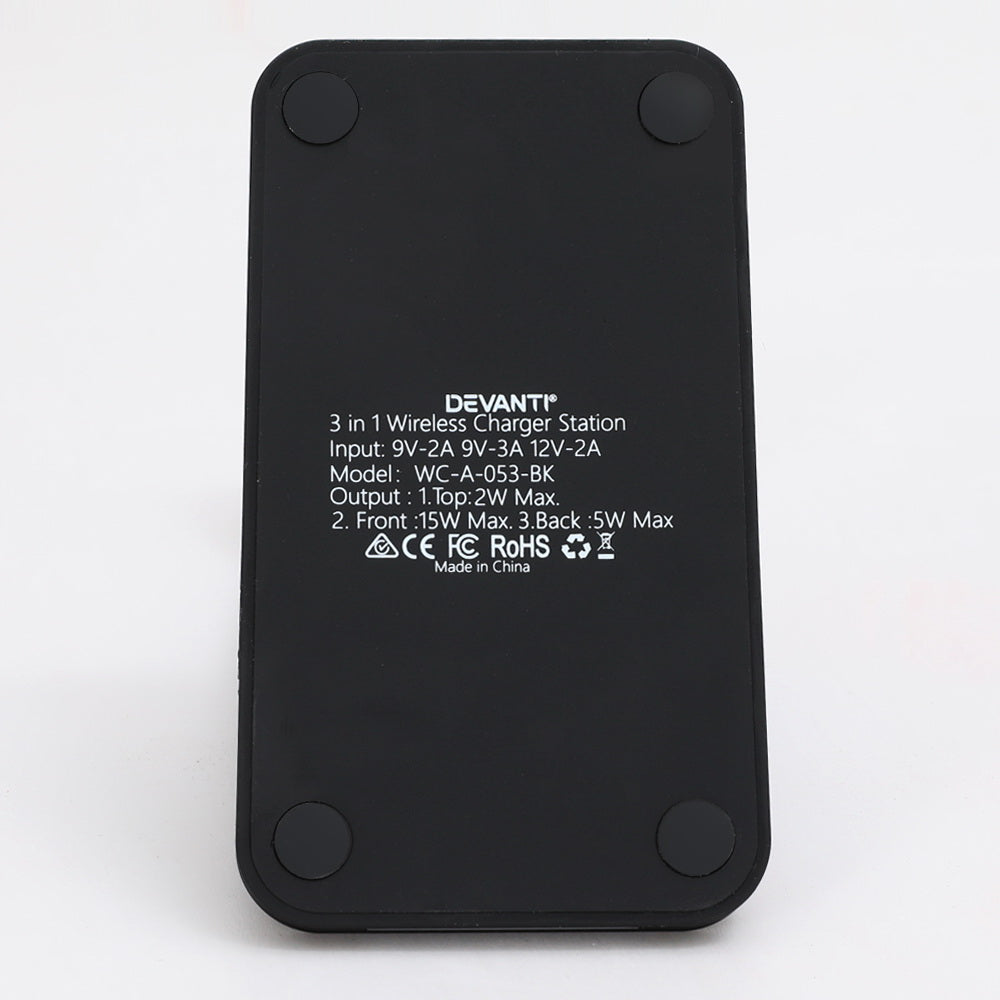 Devanti 3 in 1 Wireless Charger Dock 15W Fast Charging Stand WC-A-053-BK