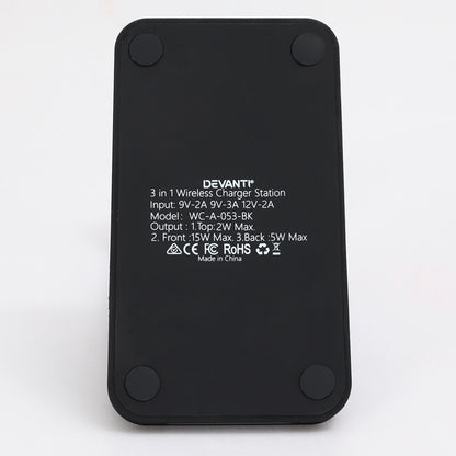 Devanti 3 in 1 Wireless Charger Dock 15W Fast Charging Stand WC-A-053-BK