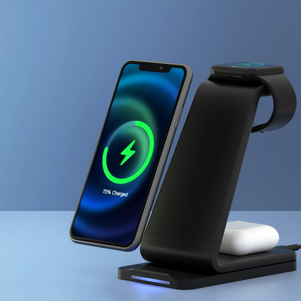 Devanti 3 in 1 Wireless Charger Dock 15W Fast Charging Stand WC-A-053-BK