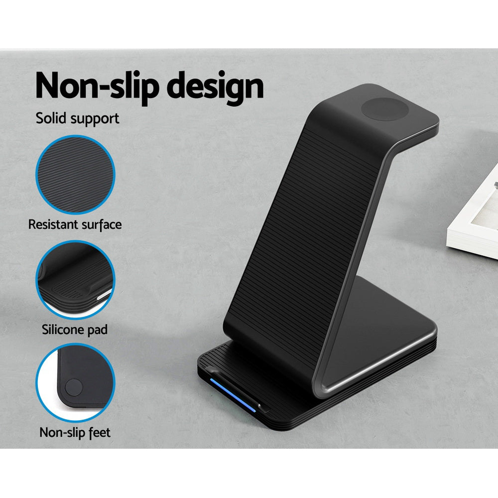 Devanti 3 in 1 Wireless Charger Dock 15W Fast Charging Stand WC-A-053-BK