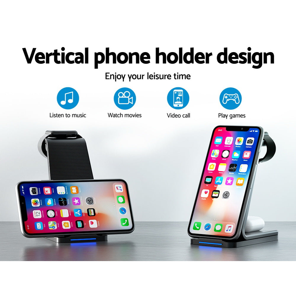 Devanti 3 in 1 Wireless Charger Dock 15W Fast Charging Stand WC-A-053-BK