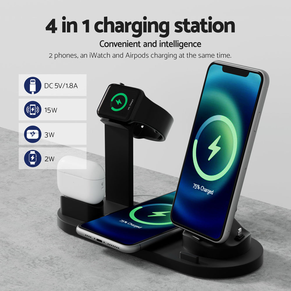 Devanti 4 in 1 Wireless Charger Multi-function Station for Phone Airpod iWatch 15W WC-A-063-15W-BK