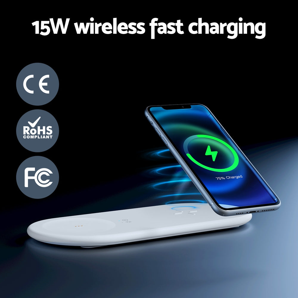 Devanti 3 in 1 Wireless Charger 15W Fast Charging RGB Light Bluetooth Speaker for Phone WC2-B-NL-02-WH
