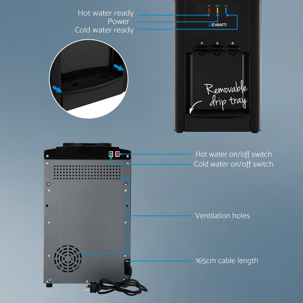 22L Devanti Water Cooler Dispenser Bench Top 3 Taps Chiller Filter Purifier Three Taps Balck WD-1103-22L-BK