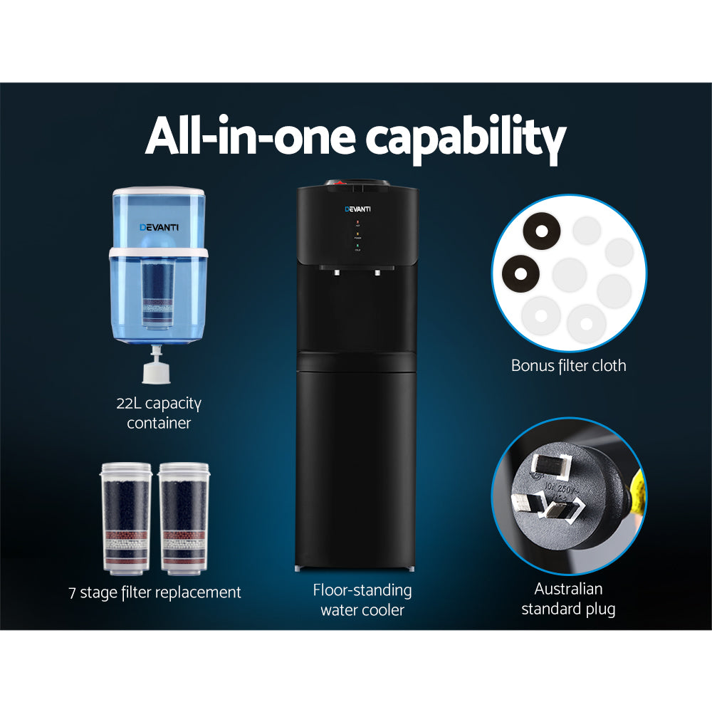 Devanti Water Cooler Dispenser Stand 22L Bottle Black w/2 Filter WD-5312-22BP-2FT-BK