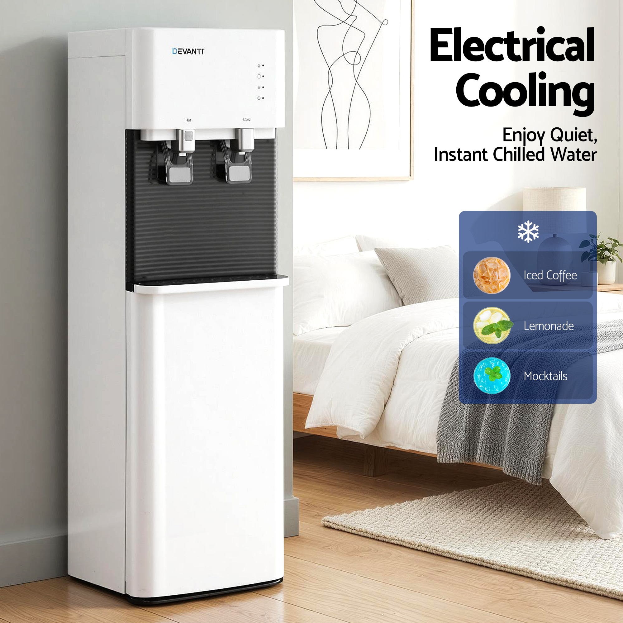 Devanti 2 Taps Water Cooler Dispenser Bottom Loading Dispenser Chiller Filter Purifier WD-608-2T-WH