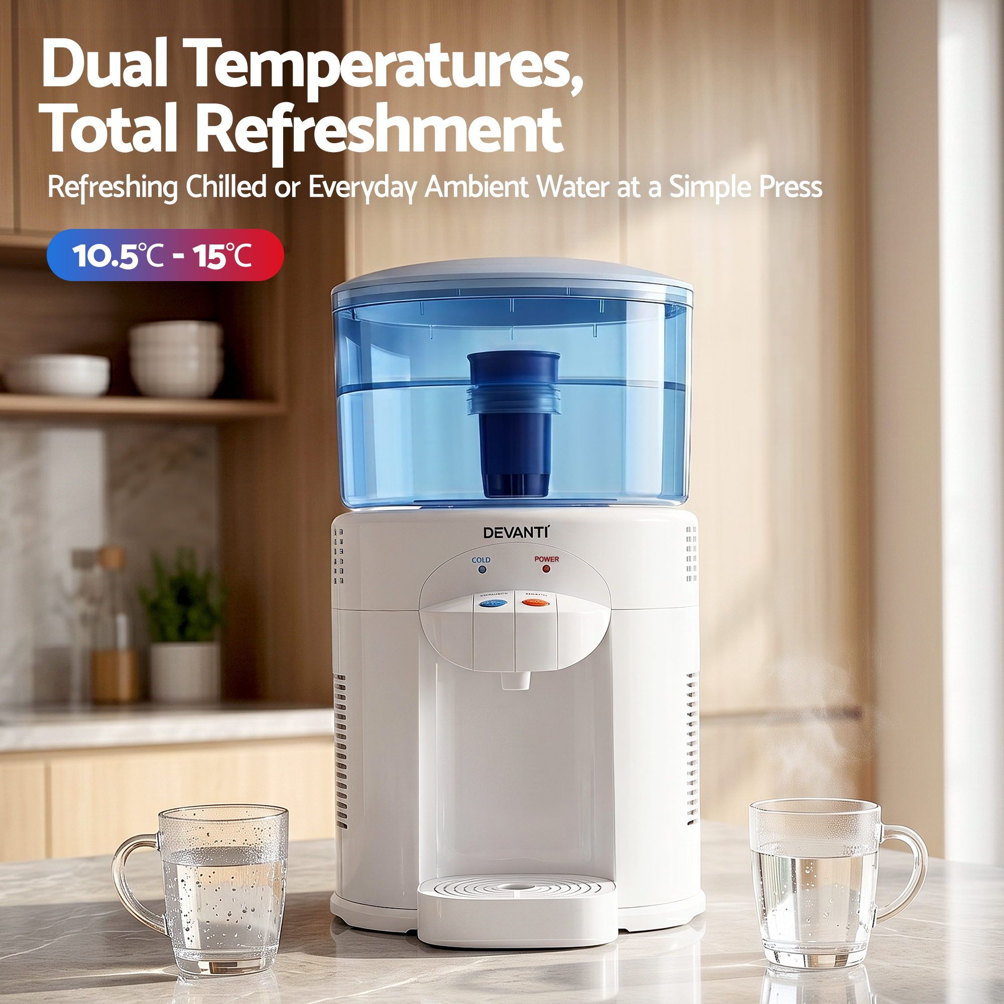 Devanti 5L Bench Top Water Cooler Dispenser with Filter 2 Taps Countertop Water Purifier WD-C-BT5L-WH