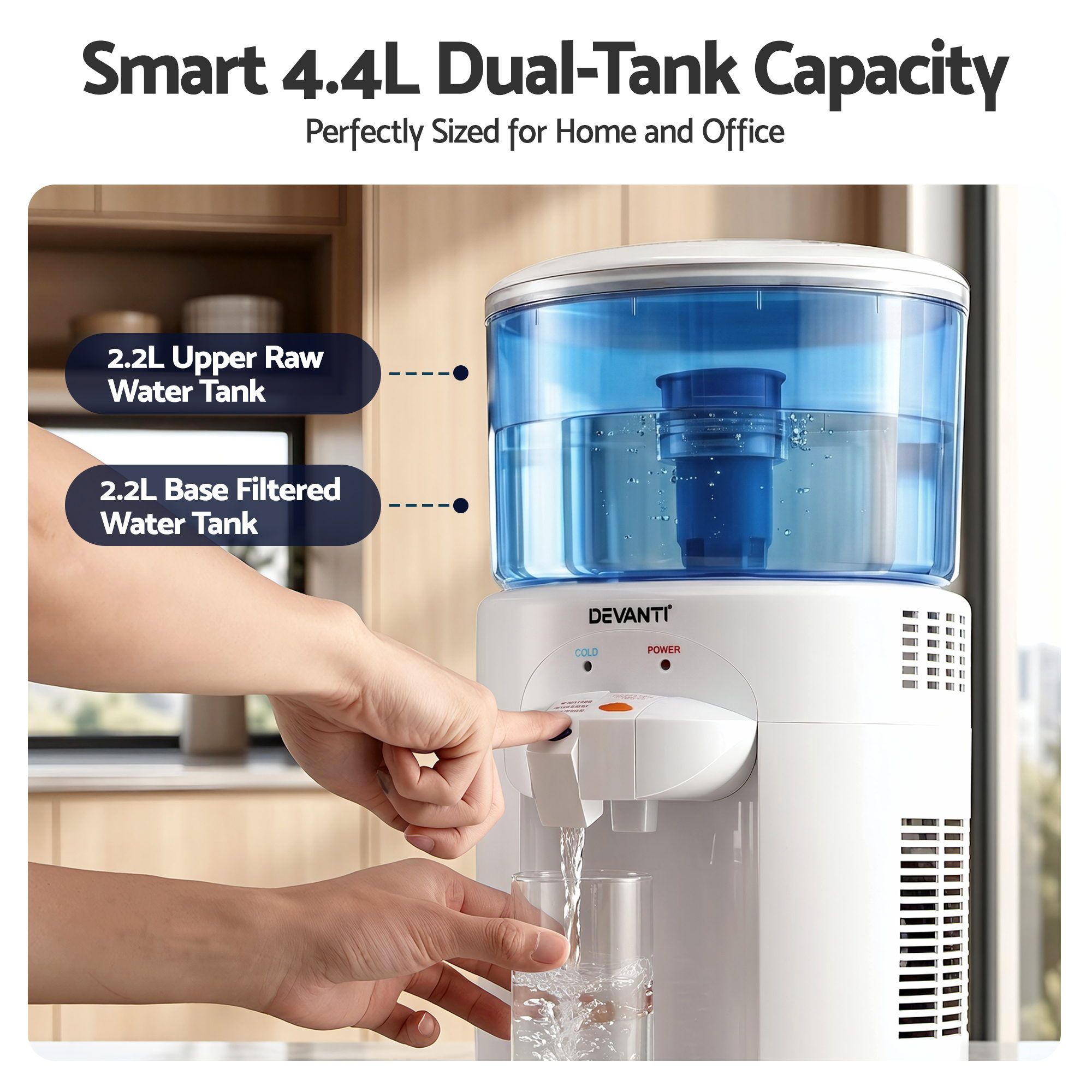 Devanti 5L Bench Top Water Cooler Dispenser with Filter 2 Taps Countertop Water Purifier WD-C-BT5L-WH