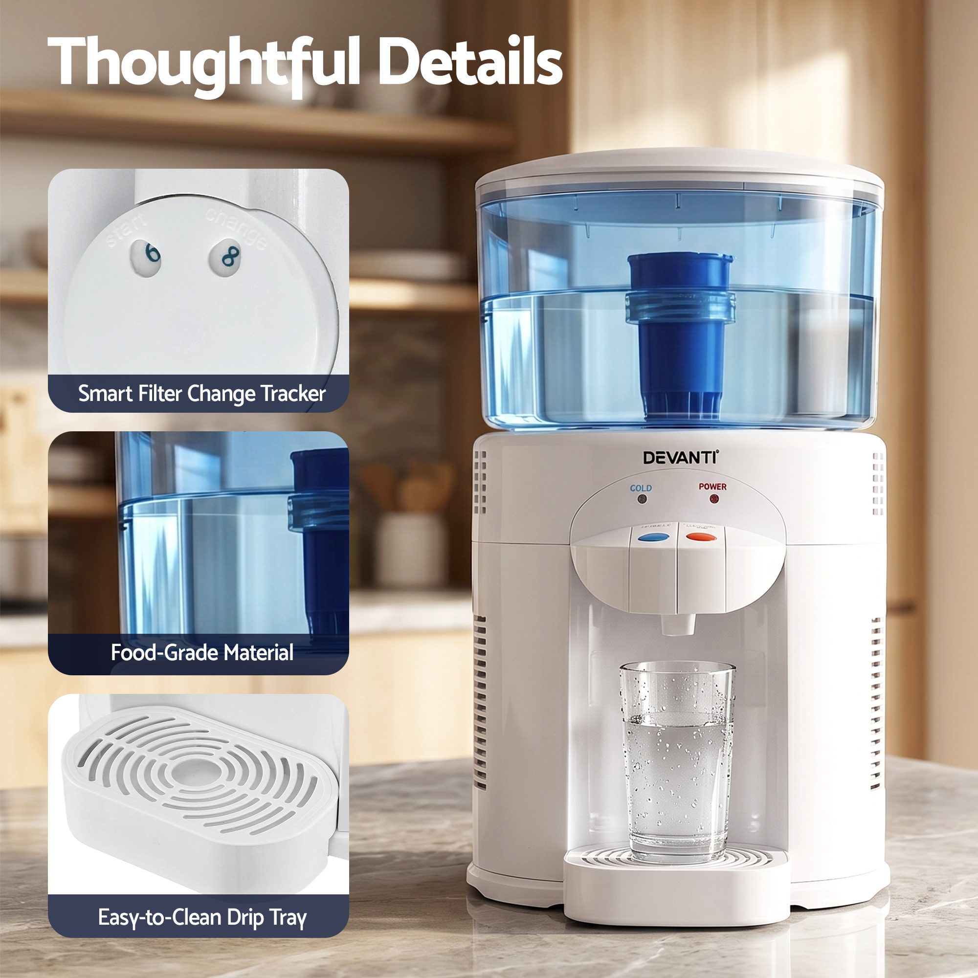 Devanti 5L Bench Top Water Cooler Dispenser with Filter 2 Taps Countertop Water Purifier WD-C-BT5L-WH