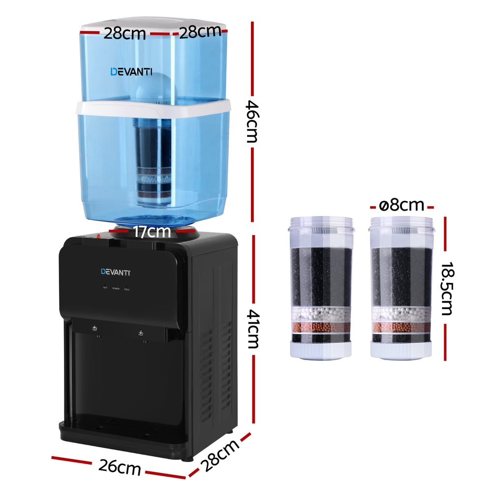 Devanti Water Cooler Dispenser 22L Bench Top Chiller Purifier Filter Hot Cold Black WD-COM-BT533-22BP-2FT-BK