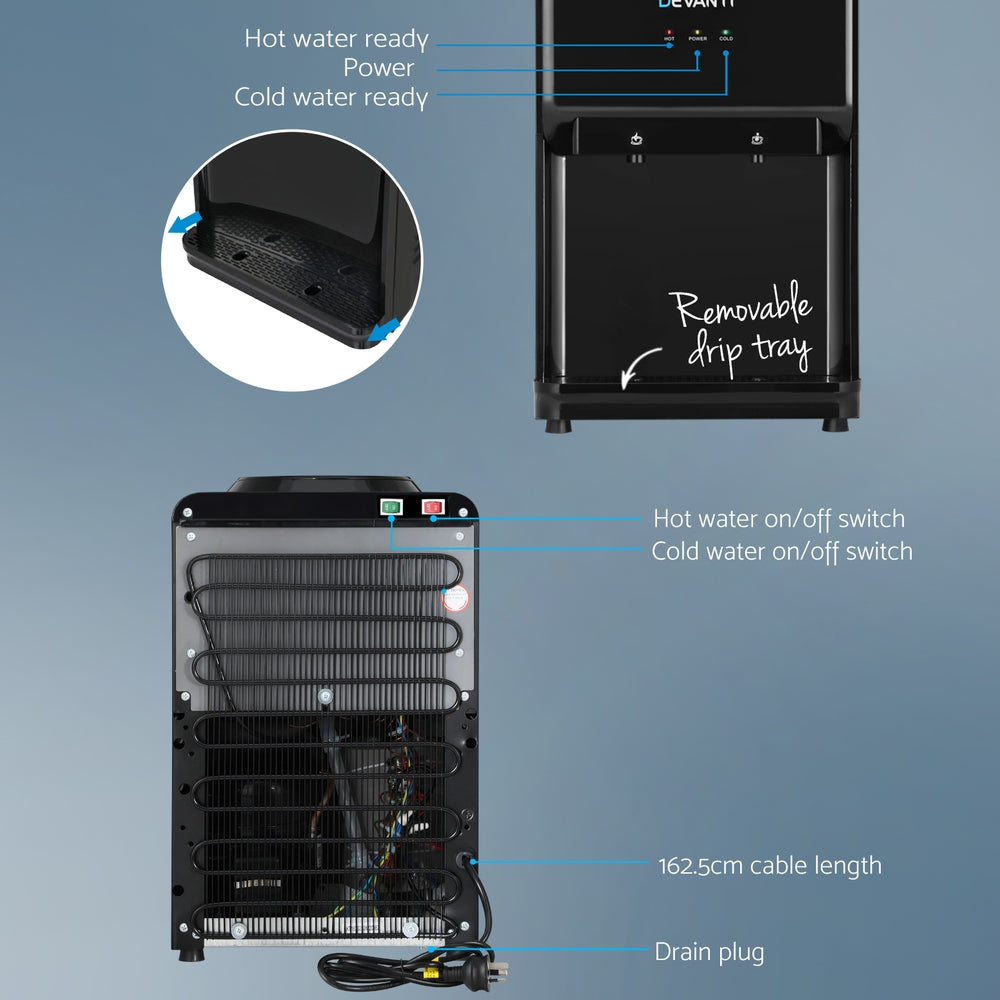 Devanti Water Cooler Dispenser 22L Bench Top Chiller Purifier Filter Hot Cold Black WD-COM-BT533-22BP-2FT-BK