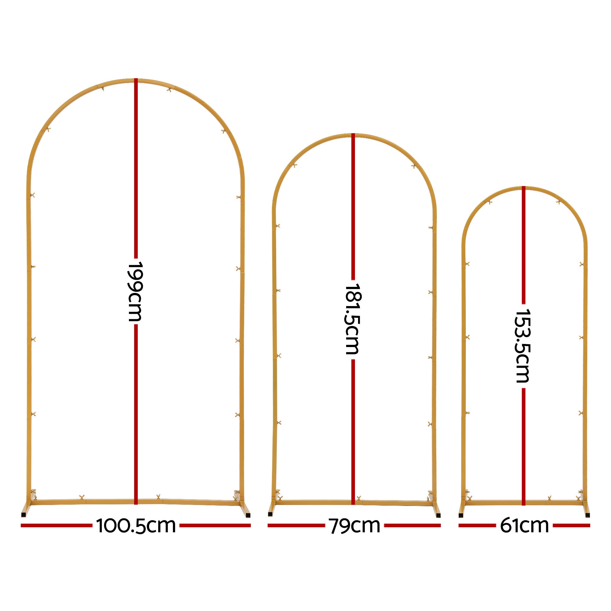 Wedding Arch Backdrop Stand Set of 3 Gold Metal Wedding Arched Frame, Easy to Assemble, Stable Balloon Arch WESD-ARCH-3PC-GD