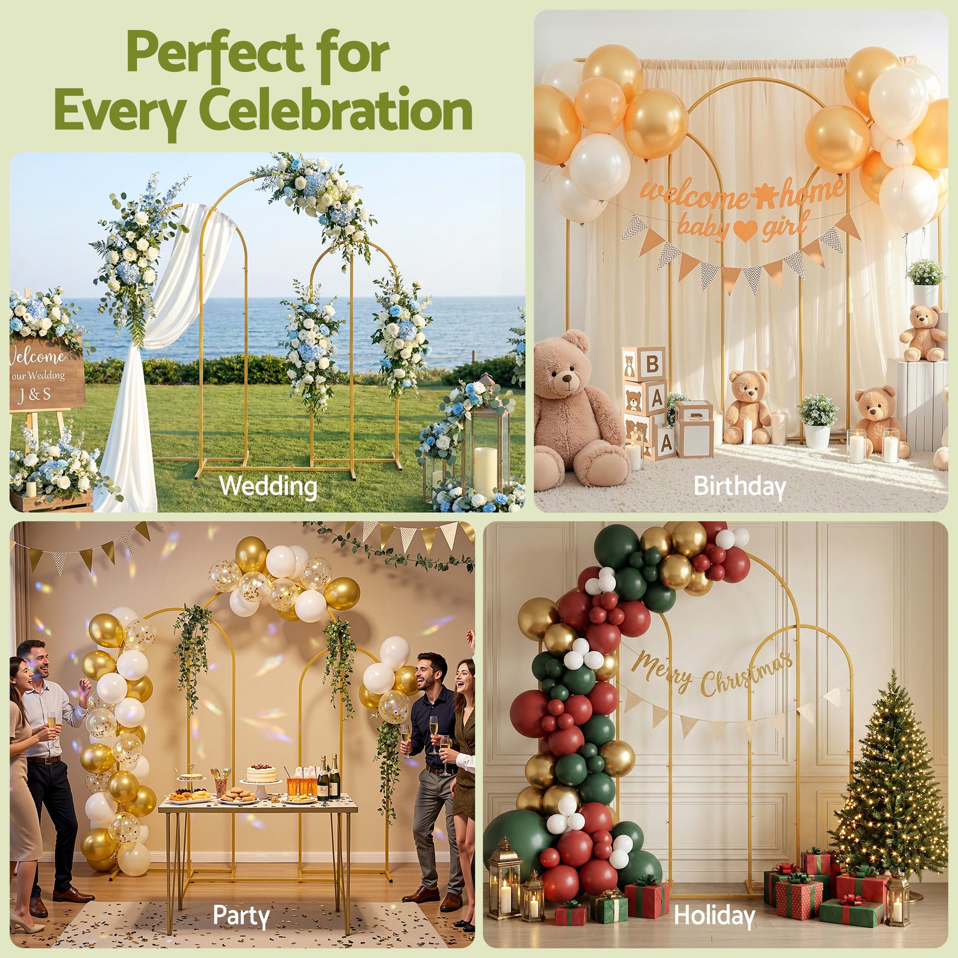 Wedding Arch Backdrop Stand Set of 3 Gold Metal Wedding Arched Frame, Easy to Assemble, Stable Balloon Arch WESD-ARCH-3PC-GD