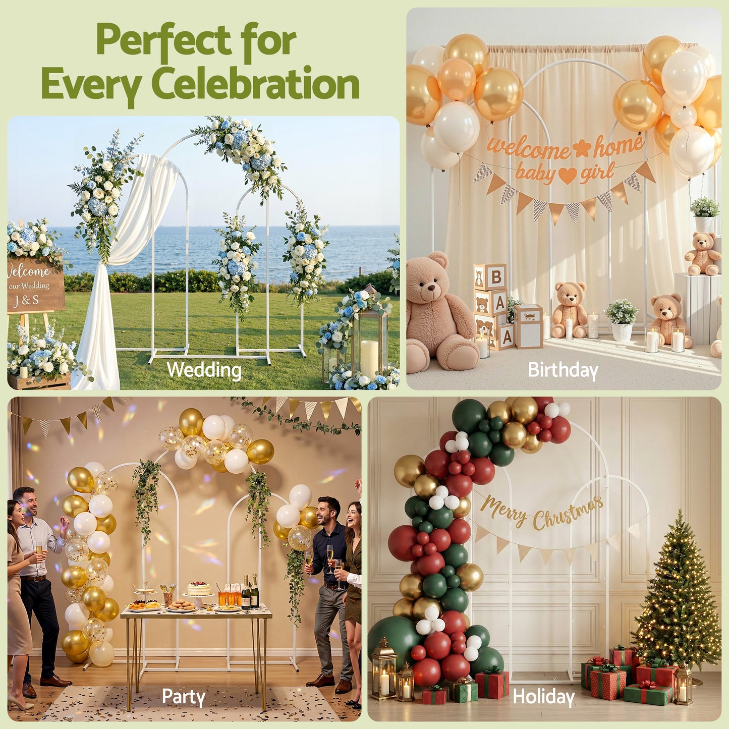 Wedding Arch Backdrop Stand Set of 3 Metal Wedding Arched Frame White, Easy to Assemble, Stable Balloon Arch WESD-ARCH-3PC-WH
