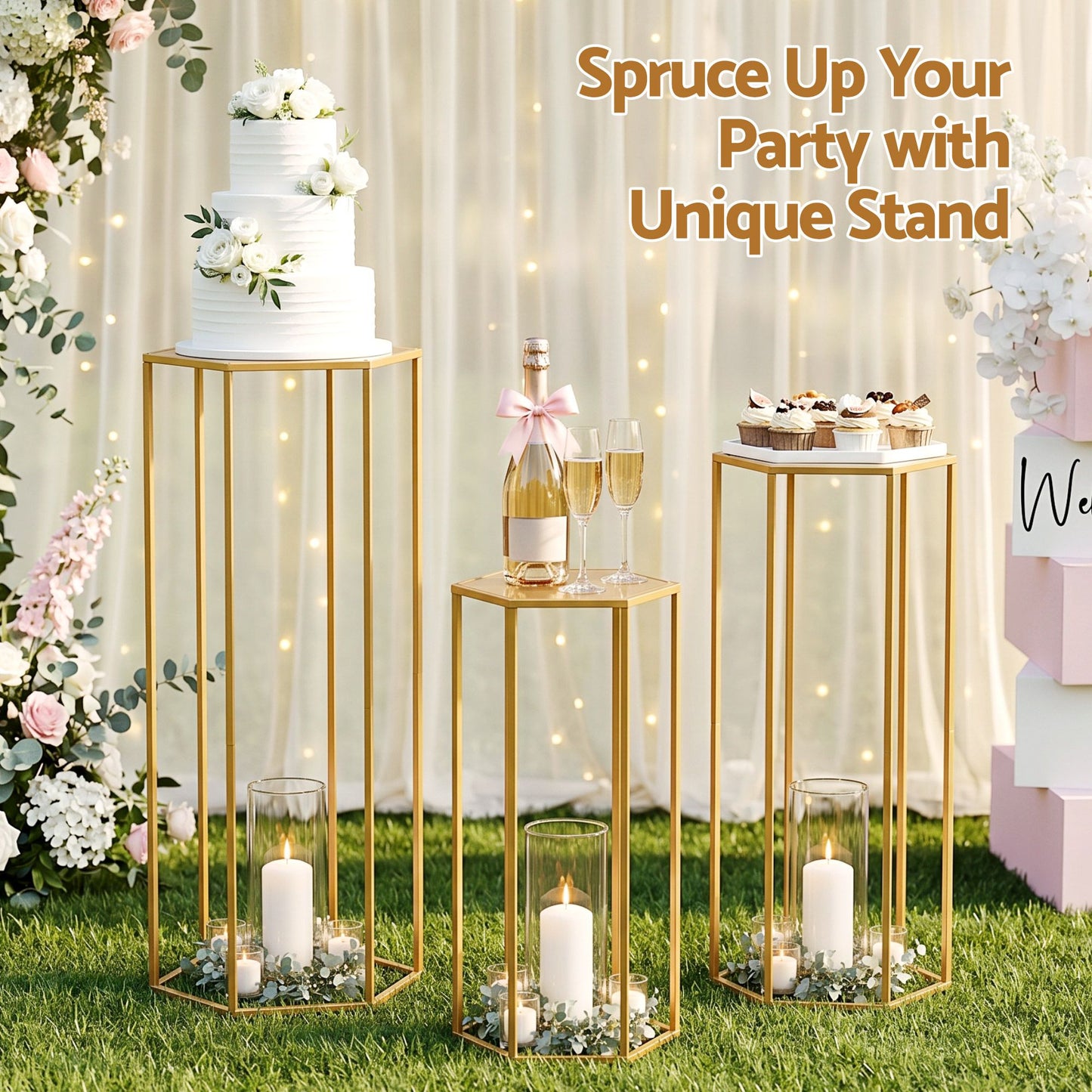 3Pcs Wedding Backdrop Pedestal Stand Gold Metal Hexagon Wedding Frame Plinth Pillars Table WESD-HEX-3PC-GD