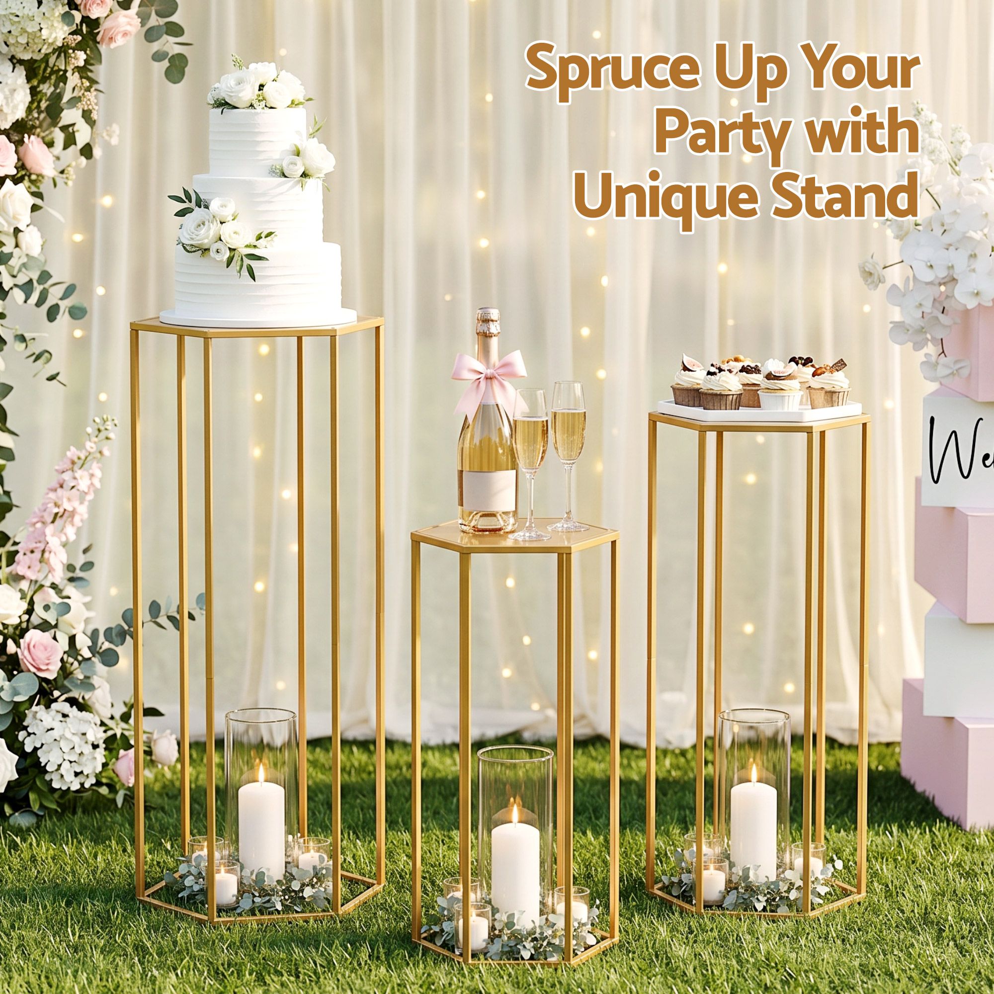 3Pcs Wedding Backdrop Pedestal Stand Gold Metal Hexagon Wedding Frame Plinth Pillars Table WESD-HEX-3PC-GD