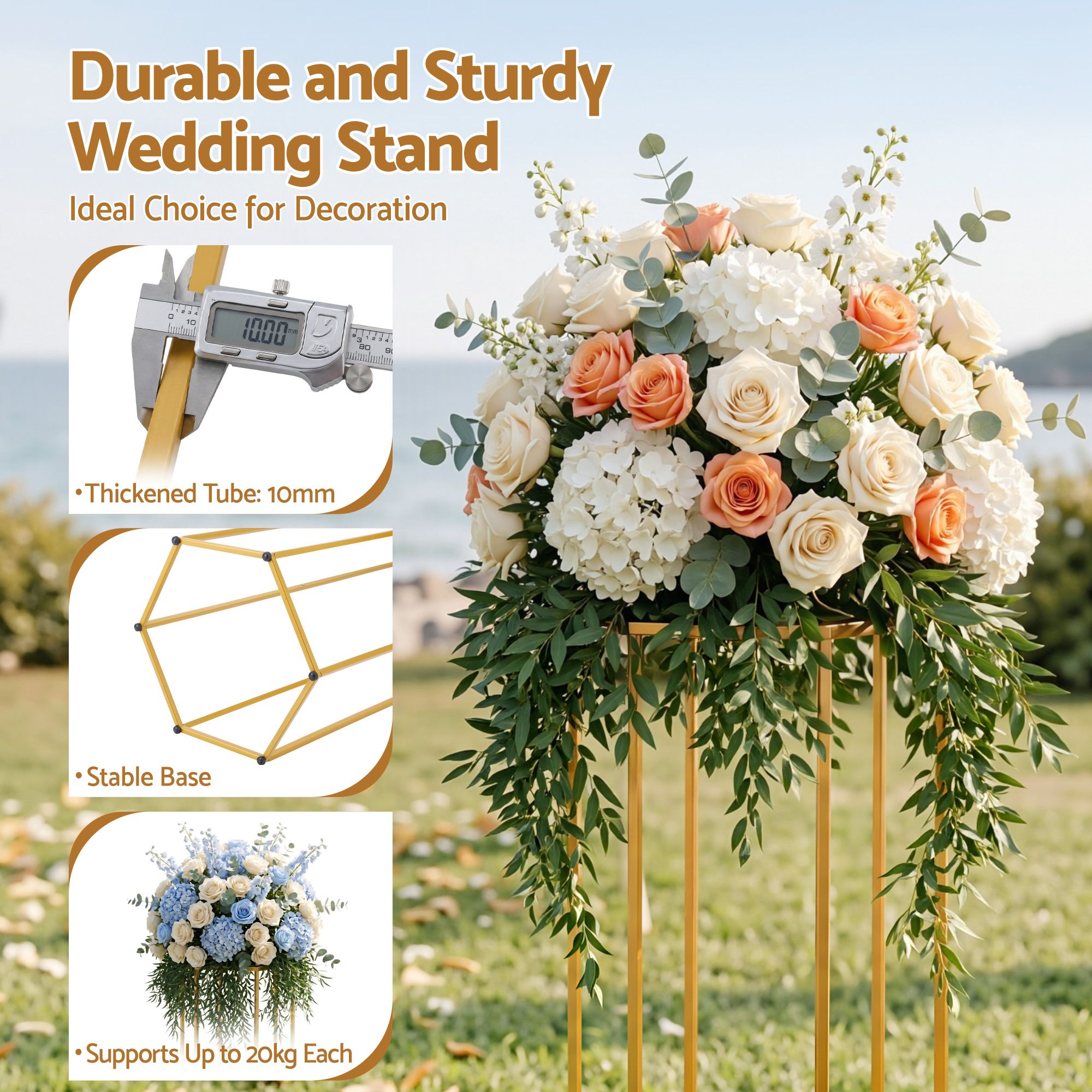 3Pcs Wedding Backdrop Pedestal Stand Gold Metal Hexagon Wedding Frame Plinth Pillars Table WESD-HEX-3PC-GD