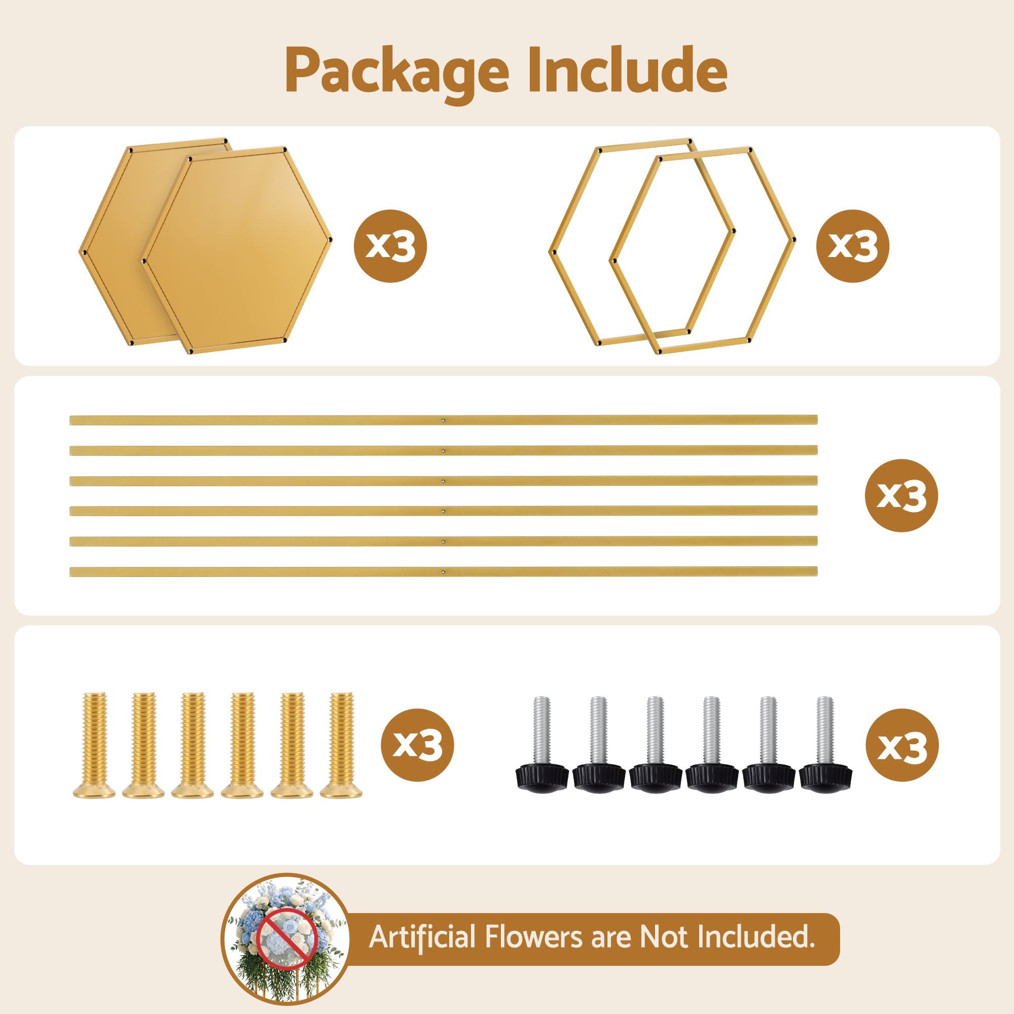 3Pcs Wedding Backdrop Pedestal Stand Gold Metal Hexagon Wedding Frame Plinth Pillars Table WESD-HEX-3PC-GD