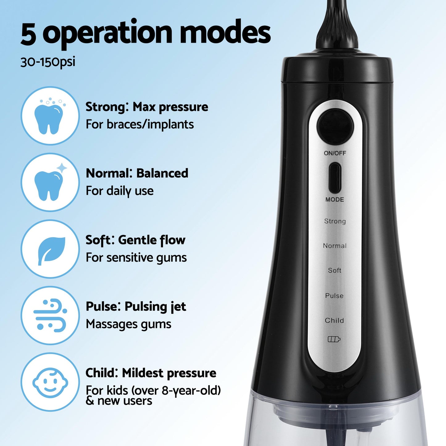 Devanti Cordless Water Flosser Dental Oral Irrigator Black WF-350ML-8N-BK