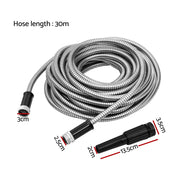Giantz Water Hose Stainless Steel 30M with Spray Nozzle WH-30M-STEEL-SV