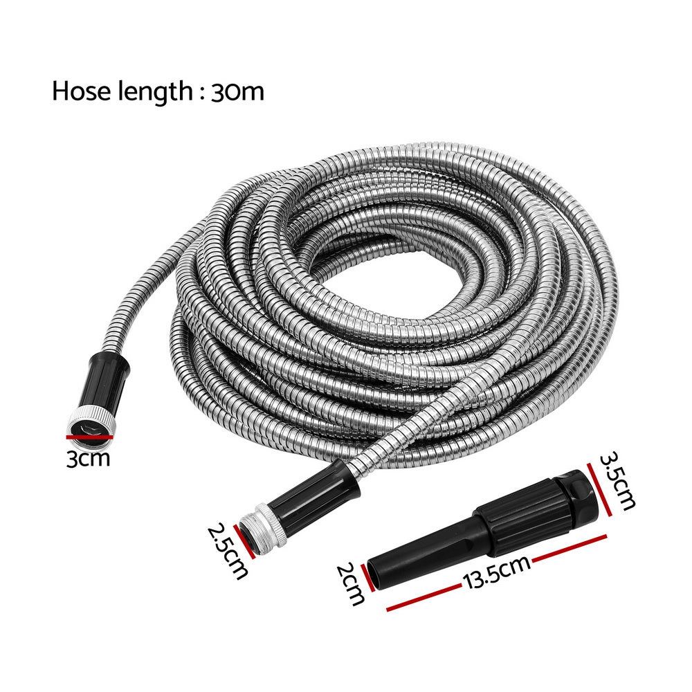 Giantz Water Hose Stainless Steel 30M with Spray Nozzle WH-30M-STEEL-SV