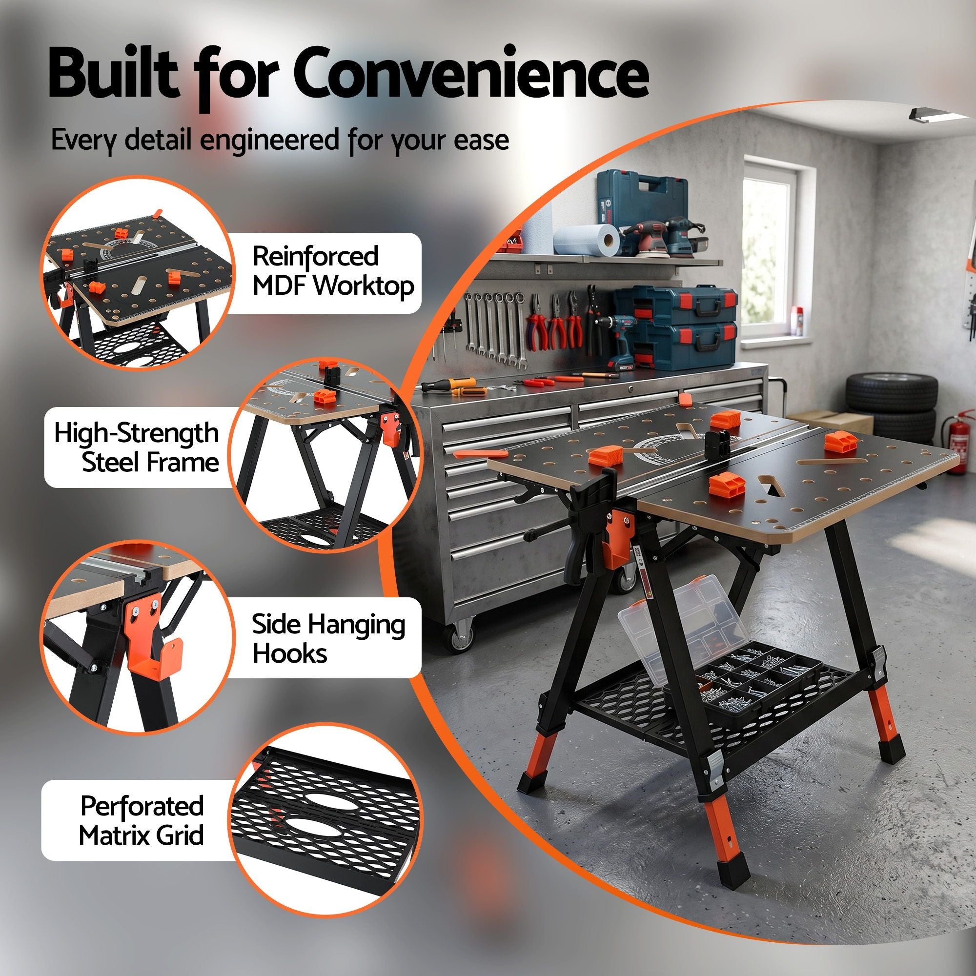 Giantz Portable Folding Work Table 454kg Adjustable Workbench WKB-F-2IN1-BK