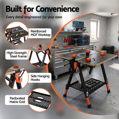 Giantz Portable Folding Work Table 454kg Adjustable Workbench WKB-F-2IN1-BK