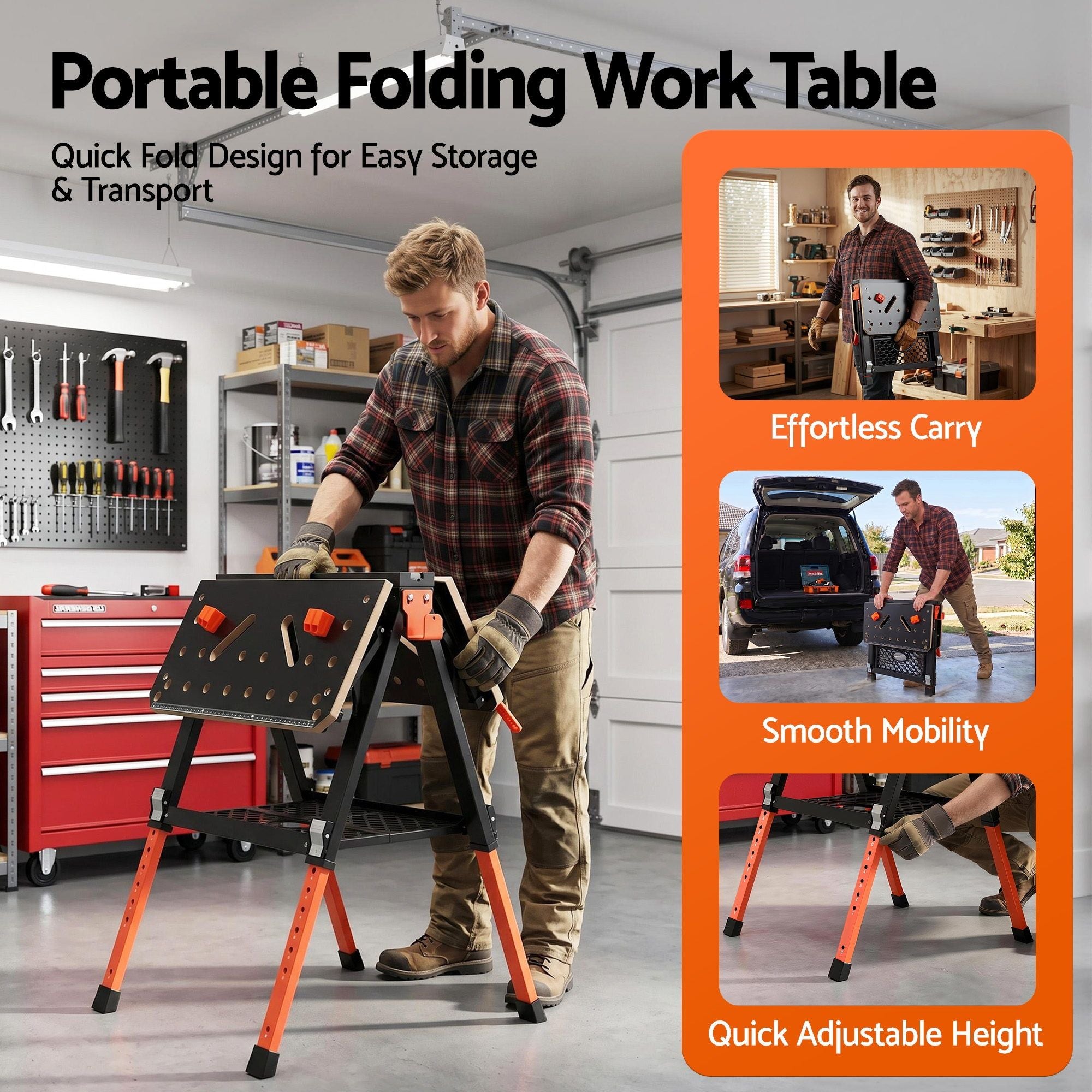 Giantz Portable Folding Work Table 454kg Adjustable Workbench WKB-F-2IN1-BK