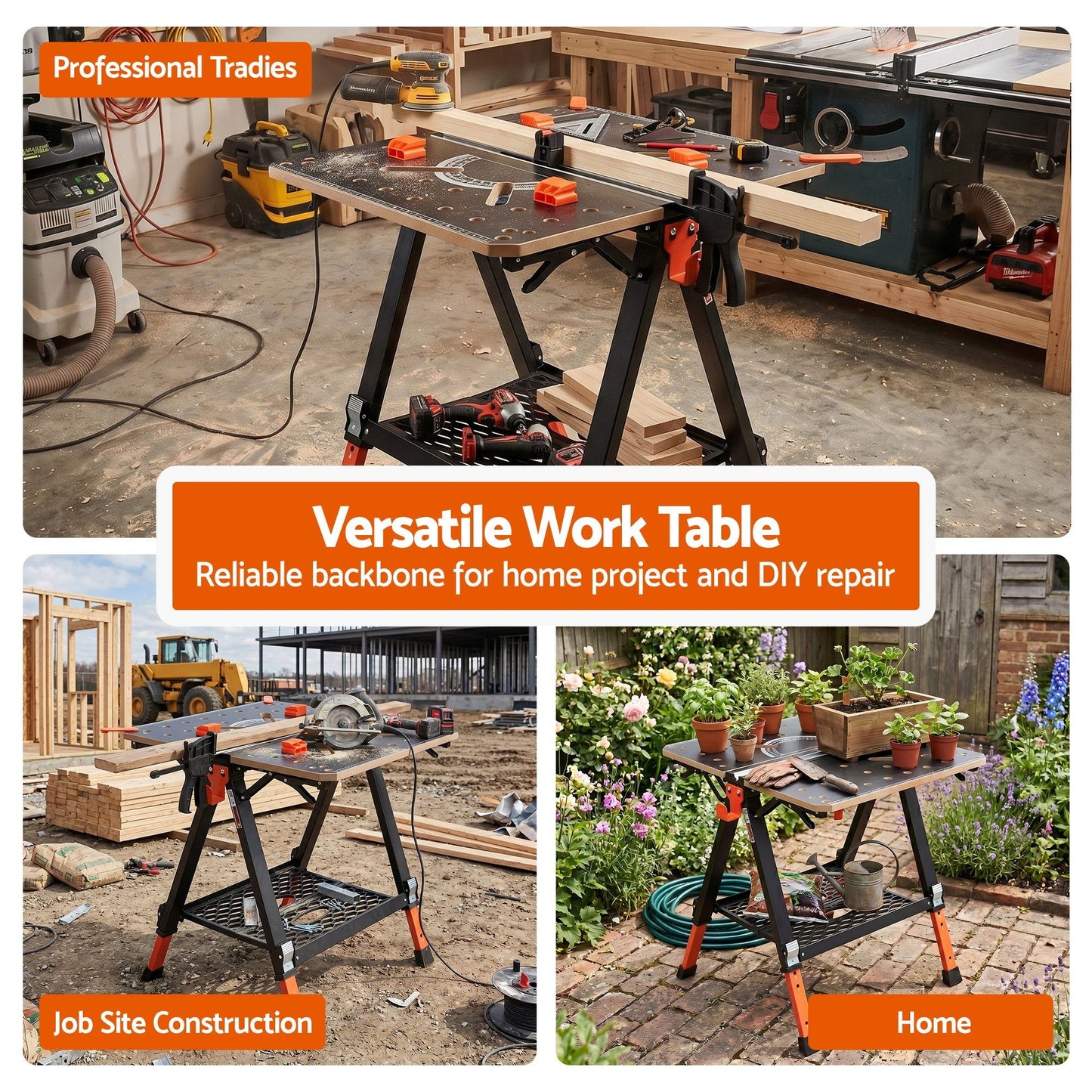 Giantz Portable Folding Work Table 454kg Adjustable Workbench WKB-F-2IN1-BK