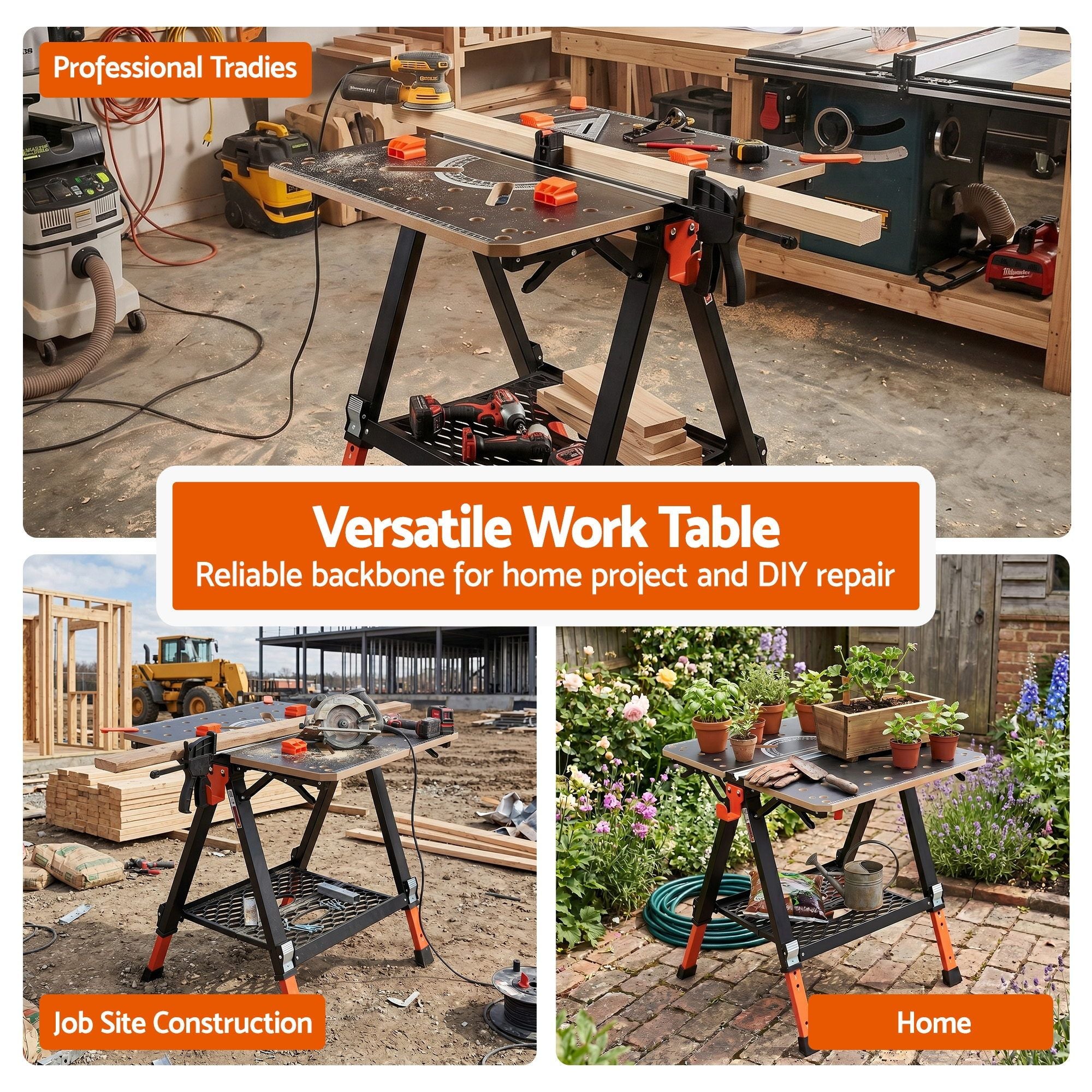 Giantz Portable Folding Work Table 454kg Adjustable Workbench WKB-F-2IN1-BK