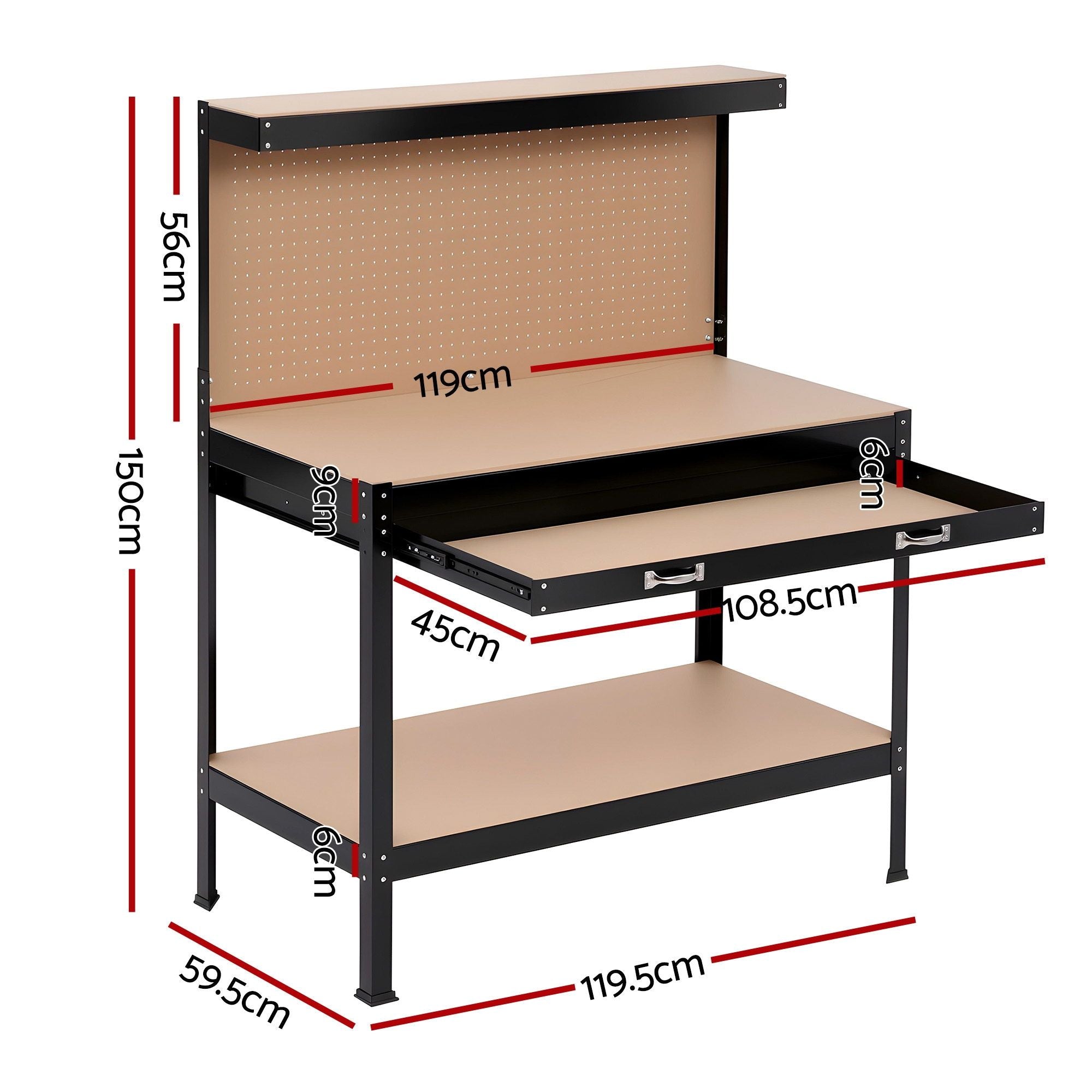 Giantz Workbench with Pegboard and Ultra-Wide 120cm Work Table for Garage DIY, 20 Hooks WKB-S-0122-BK