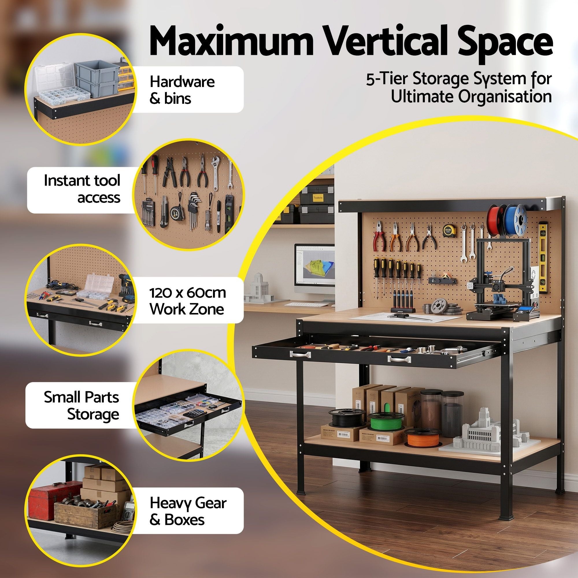 Giantz Workbench with Pegboard and Ultra-Wide 120cm Work Table for Garage DIY, 20 Hooks WKB-S-0122-BK