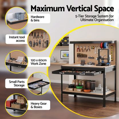 Giantz Workbench with Pegboard and Ultra-Wide 120cm Work Table for Garage DIY, 20 Hooks WKB-S-0122-BK