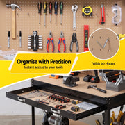 Giantz Workbench with Pegboard and Ultra-Wide 120cm Work Table for Garage DIY, 20 Hooks WKB-S-0122-BK