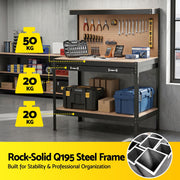 Giantz Workbench with Pegboard and Ultra-Wide 120cm Work Table for Garage DIY, 20 Hooks WKB-S-0122-BK