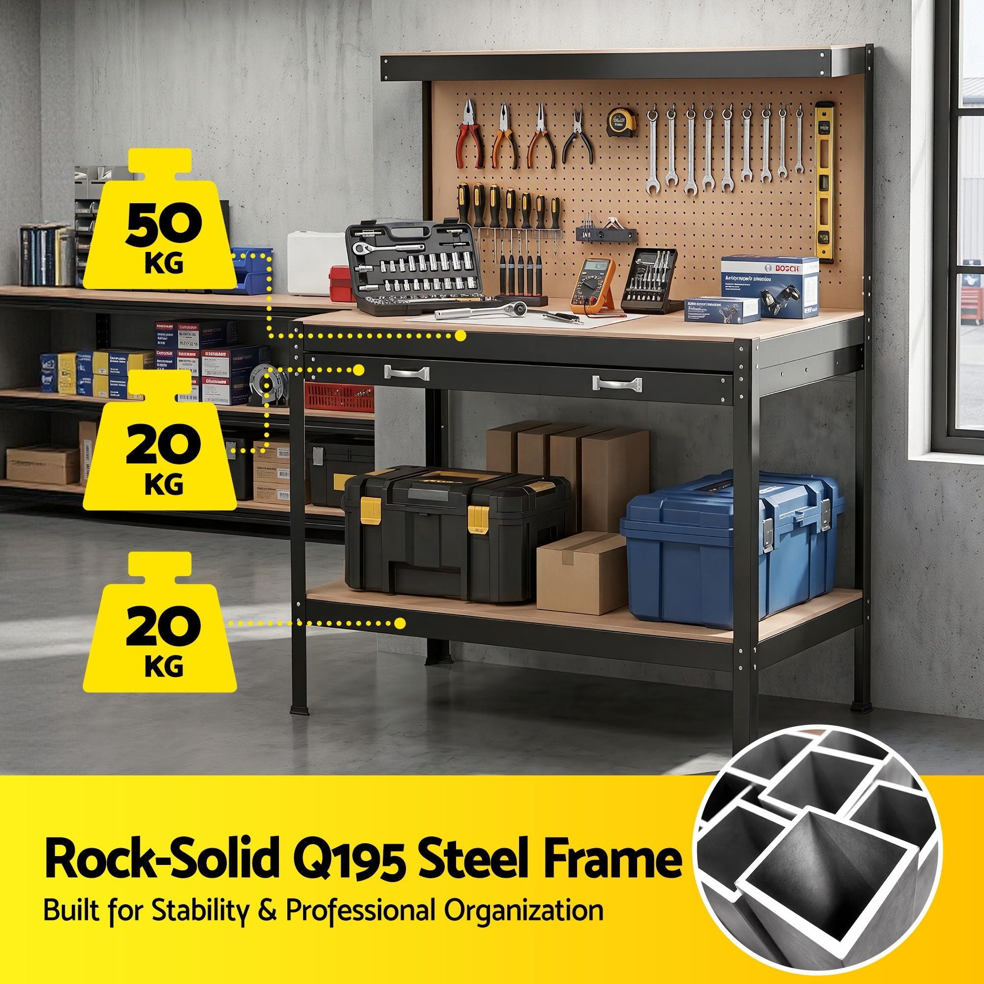 Giantz Workbench with Pegboard and Ultra-Wide 120cm Work Table for Garage DIY, 20 Hooks WKB-S-0122-BK