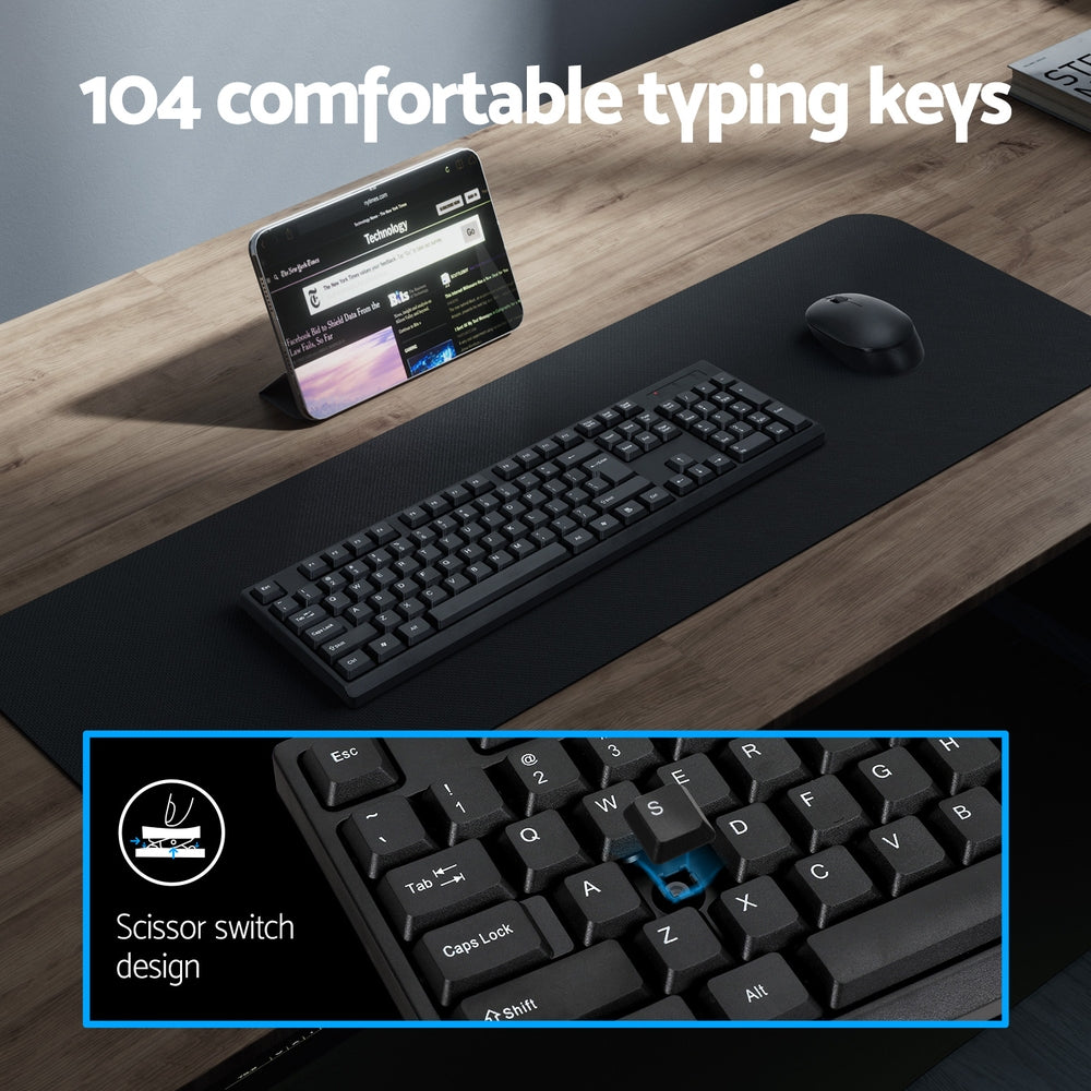 Wireless Keyboard and Mouse Combo Bluetooth Set for PC Laptop Phone Tablet 104 Keys Black WKM-08-BK