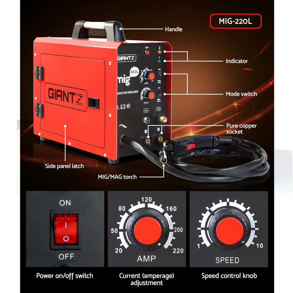 Giantz 220 Amp Inverter Welder MMA MIG DC Gas Gasless Welding Machine Portable WLD-INV-MIG-LUX-22