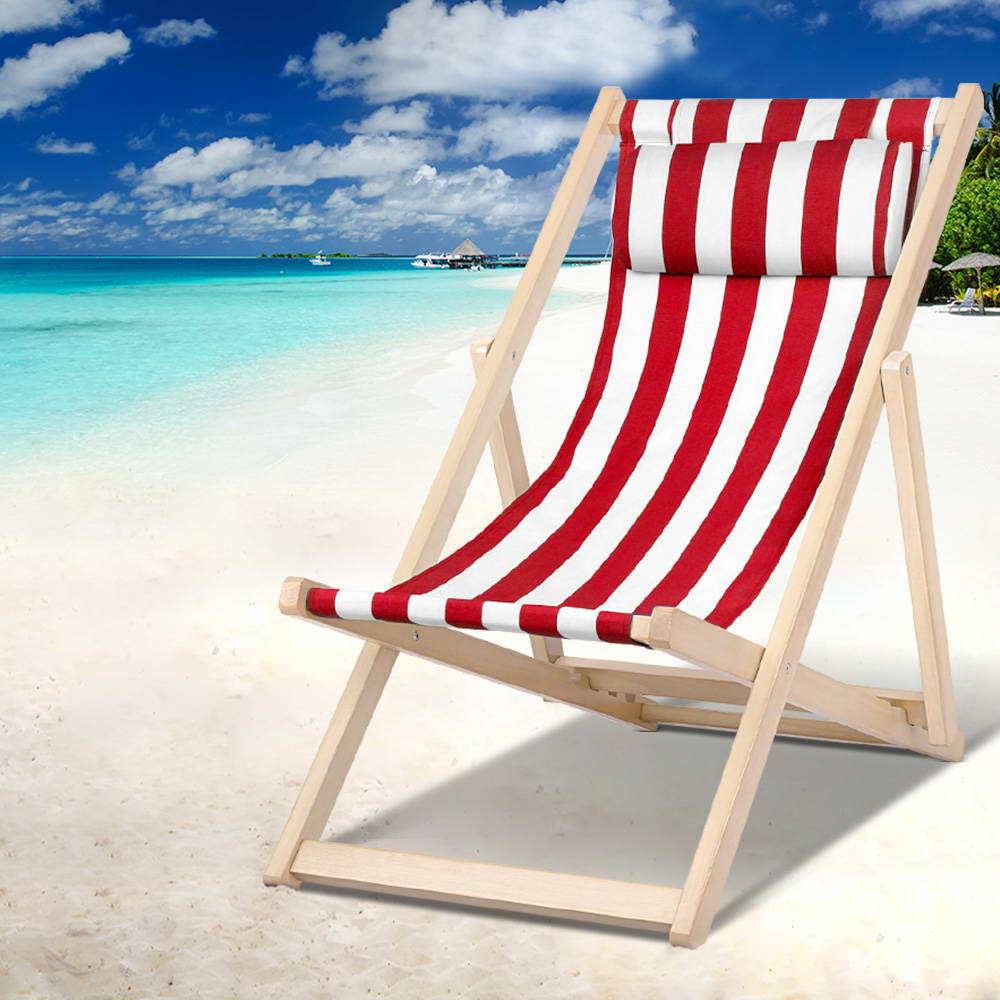 Gardeon Outdoor Deck Chair Wooden Sun Lounge Folding Beach Patio Furniture Red WOOD-B-BC-6021T-RW