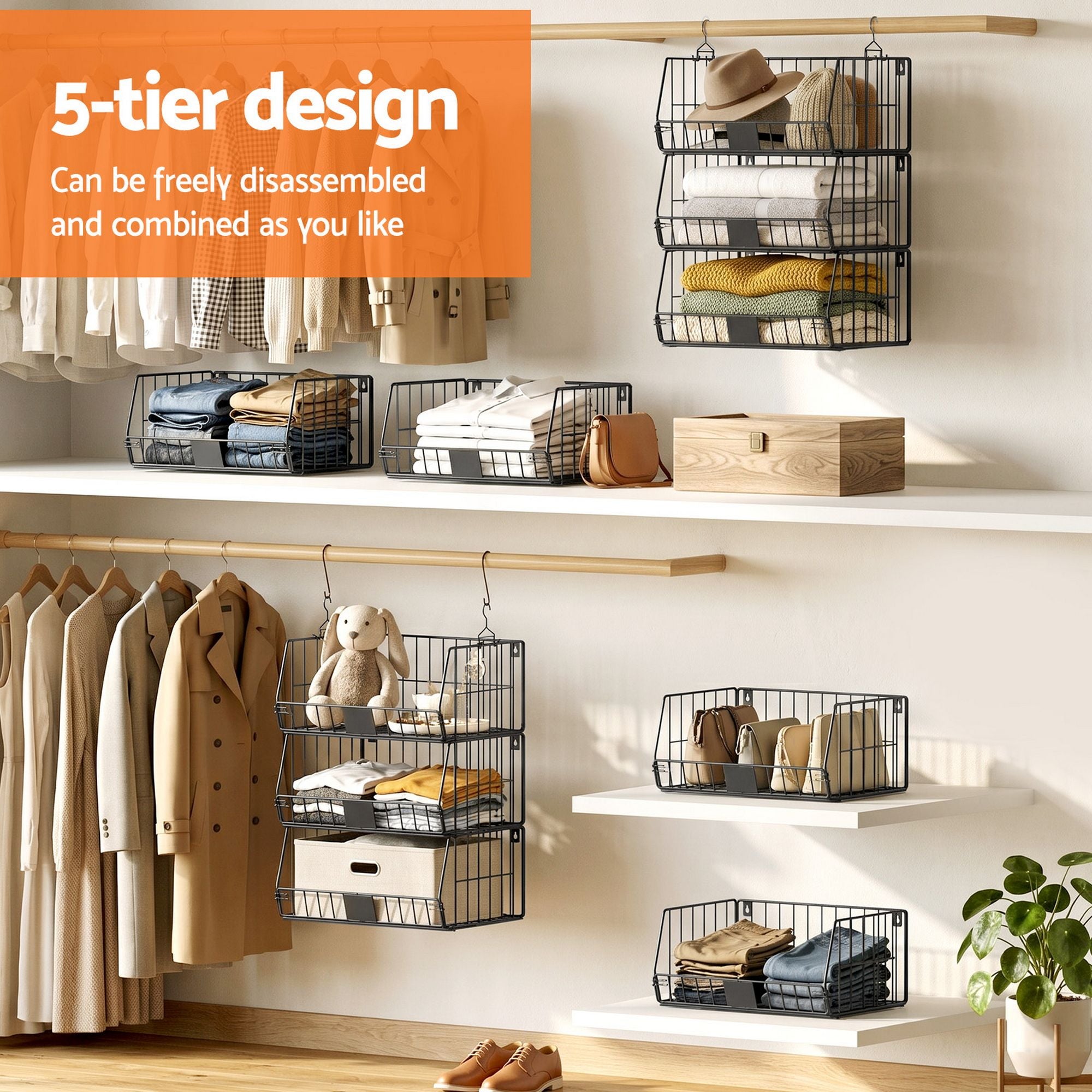 Artiss 5 Tier Stackable Closet Organizers and Storage Closet Hanging Storage Organizer Shelves WOS-A-STEEL-5T