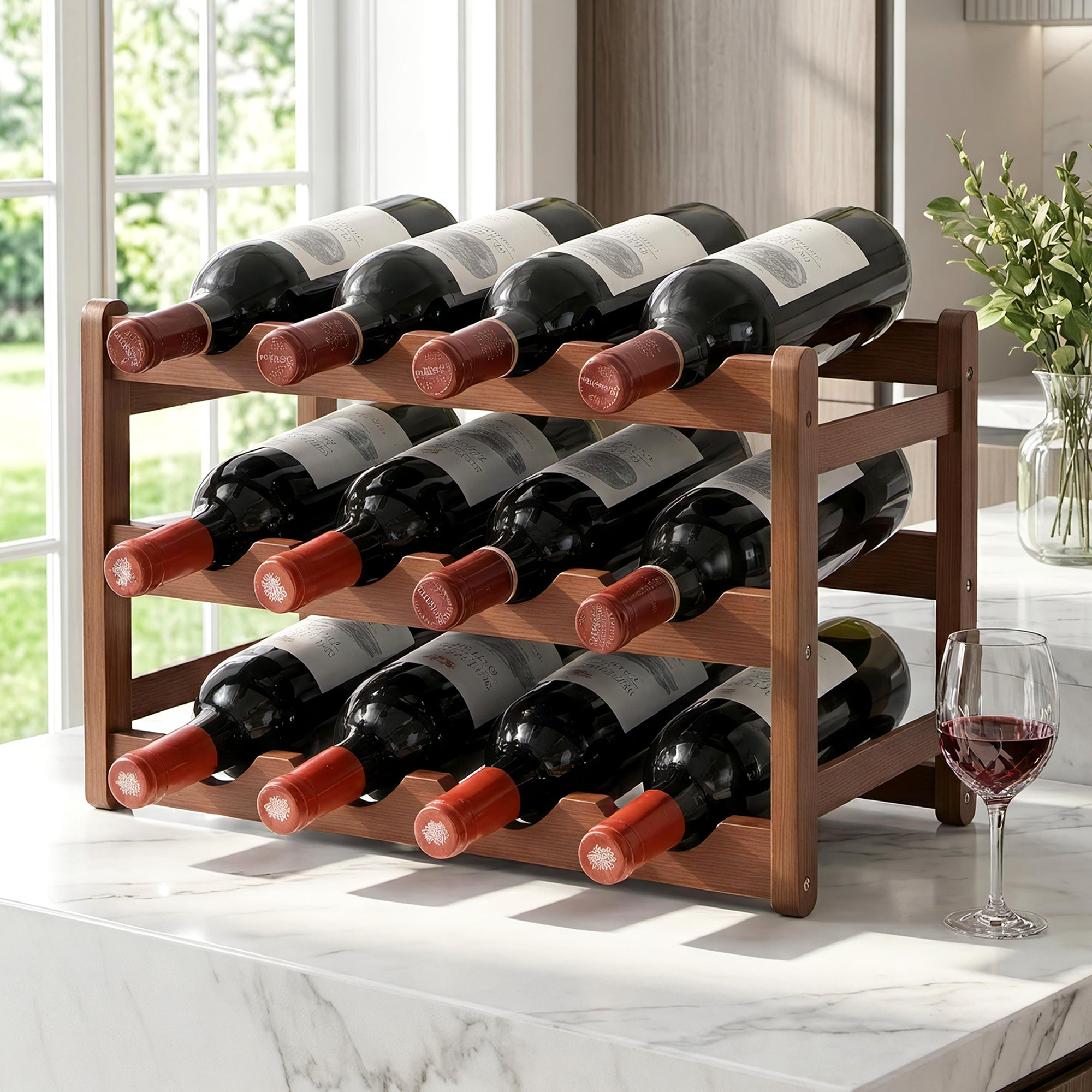 Artiss Bamboo Wine Rack 3-Tier Display Storage Organizer 12 Bottle Walnut WR-AC-BAM-12B-WAL