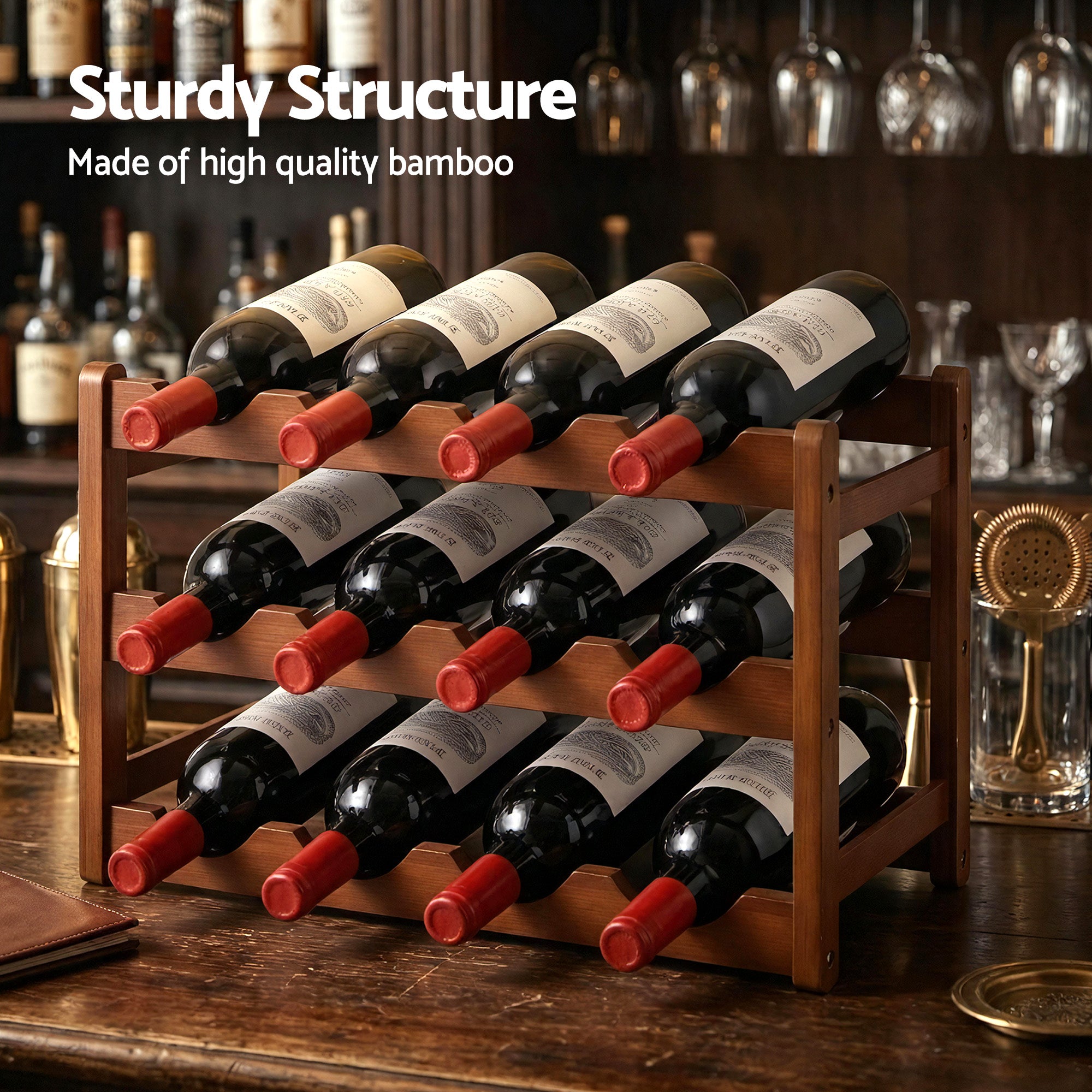 Artiss Bamboo Wine Rack 3-Tier Display Storage Organizer 12 Bottle Walnut WR-AC-BAM-12B-WAL