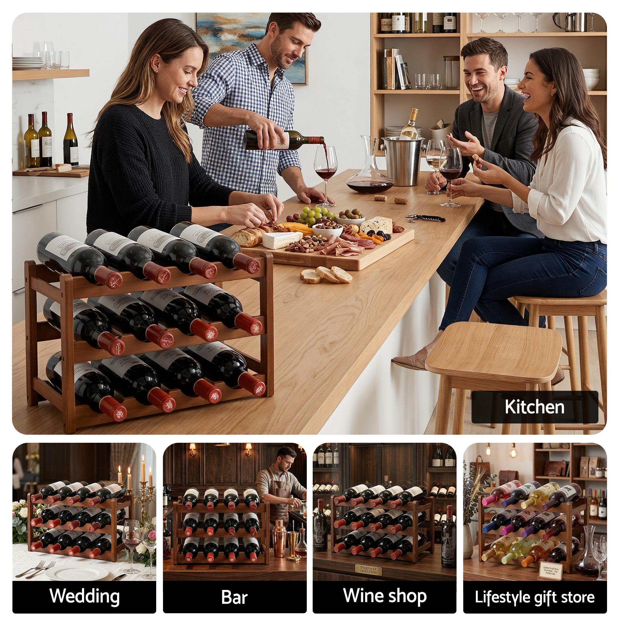 Artiss Bamboo Wine Rack 3-Tier Display Storage Organizer 12 Bottle Walnut WR-AC-BAM-12B-WAL
