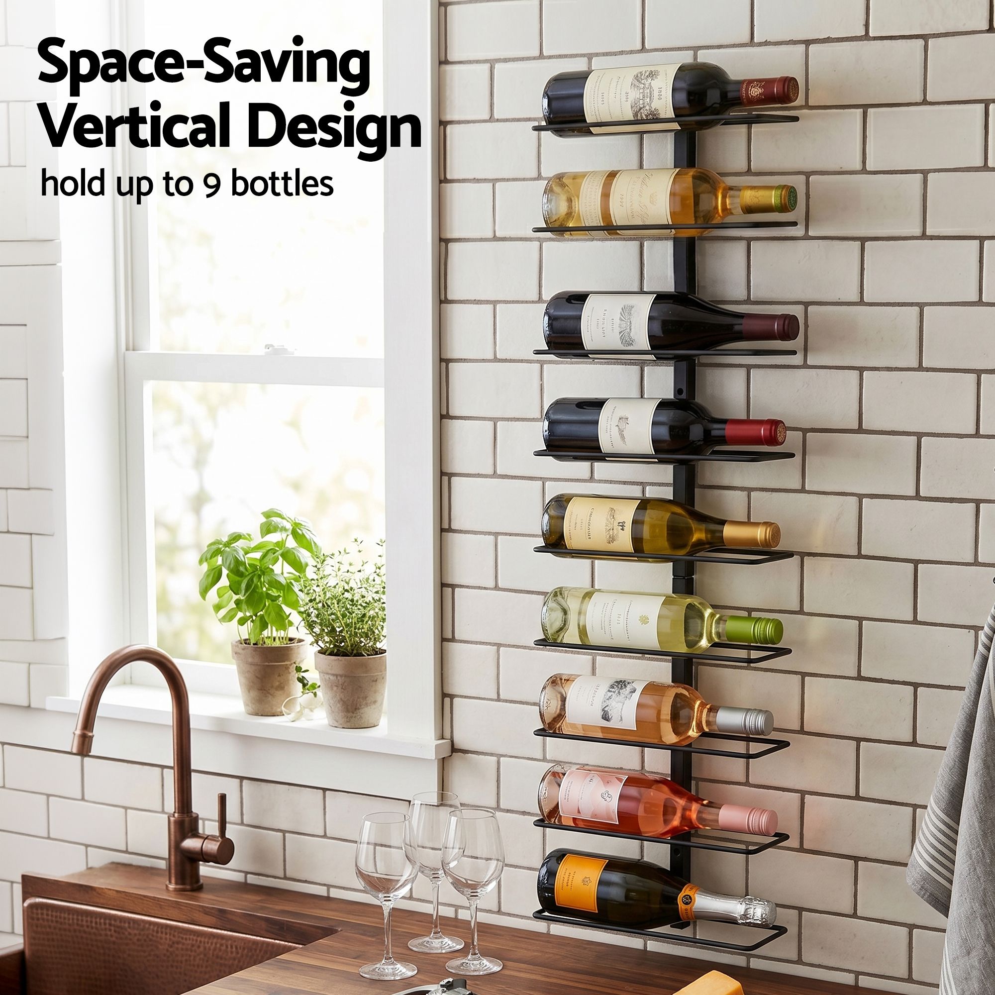 Artiss Wall Mounted Wine Rack 9 Bottles Display Storage Organizer Metal Black WR-AC-MOUNT-9B-BK