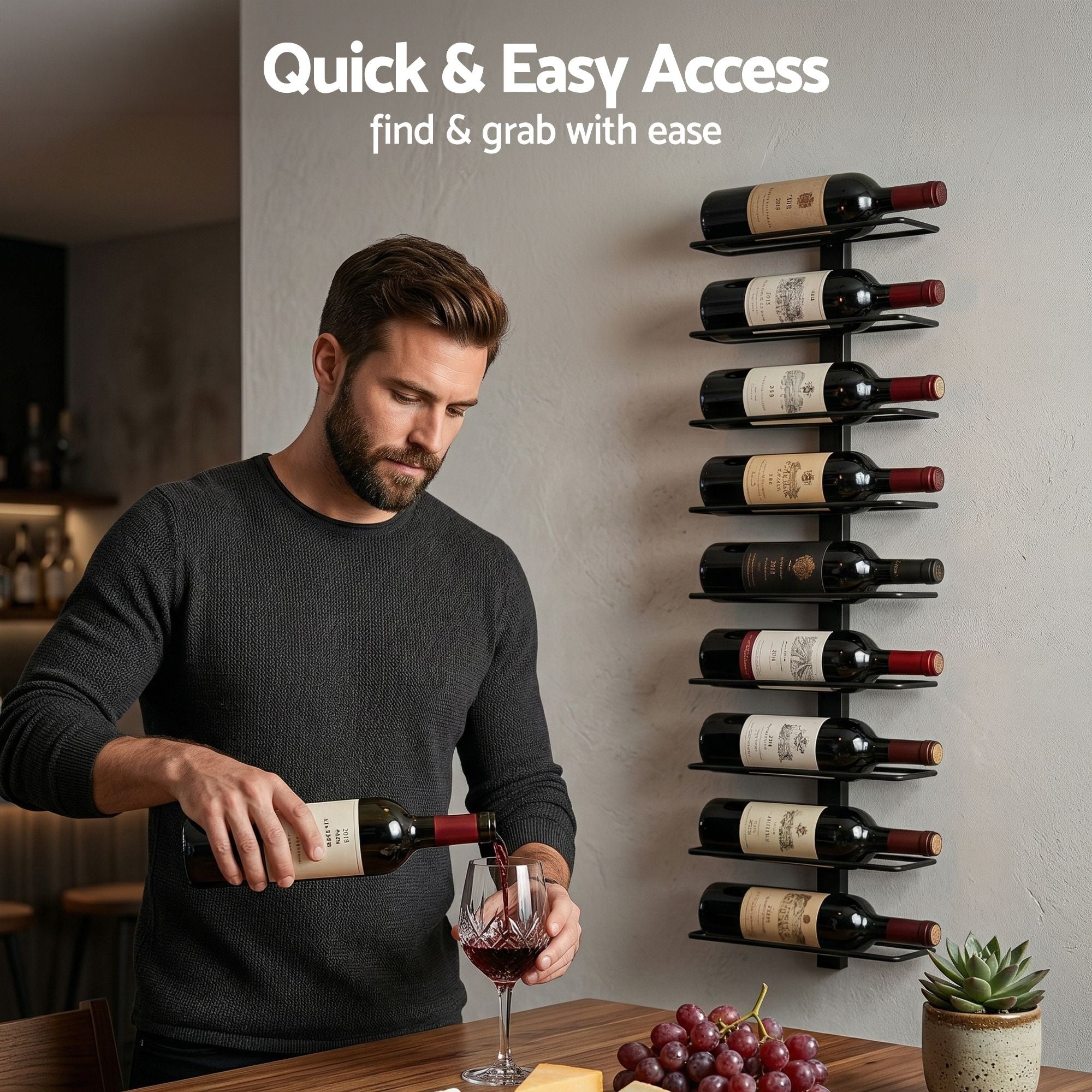 Artiss Wall Mounted Wine Rack 9 Bottles Display Storage Organizer Metal Black WR-AC-MOUNT-9B-BK