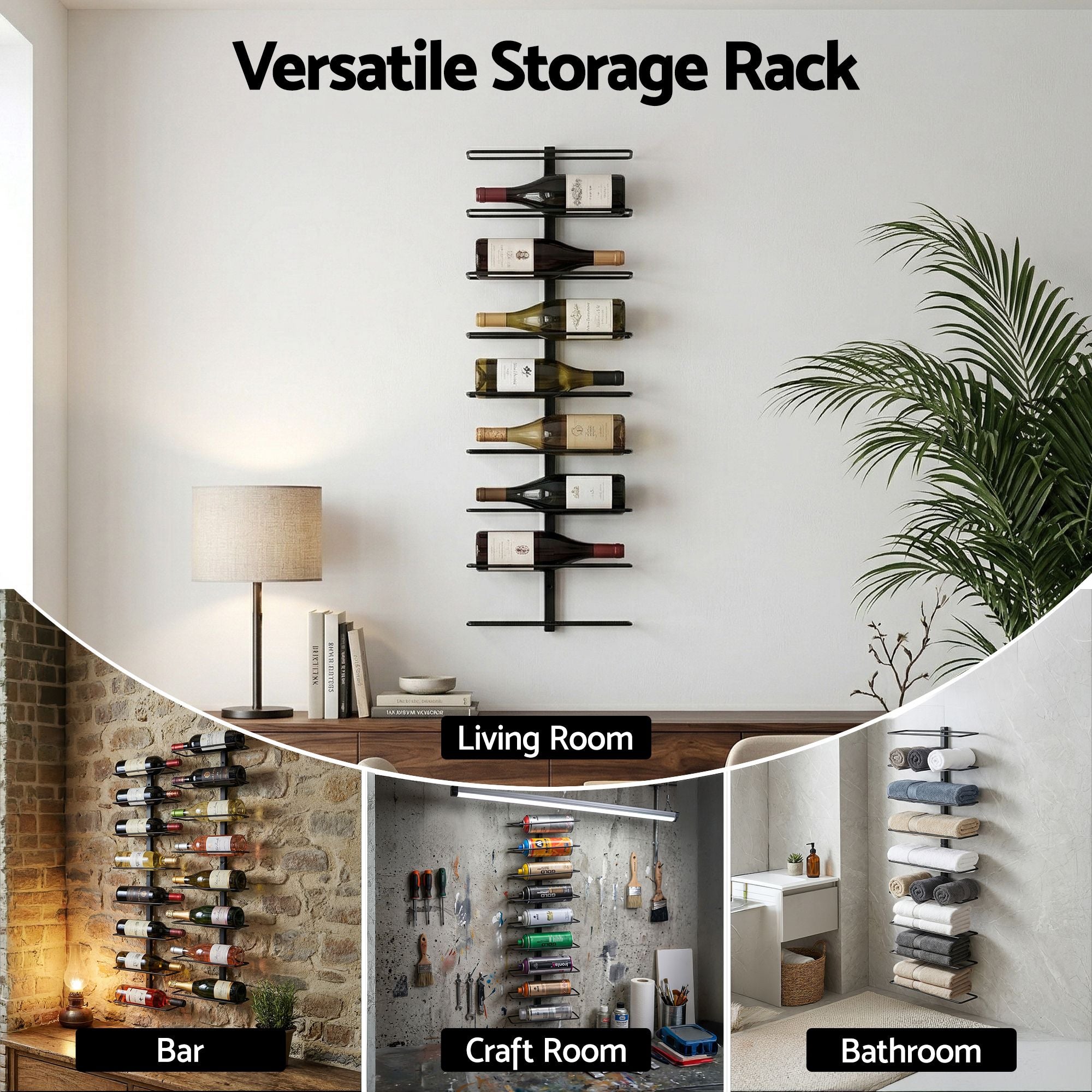 Artiss Wall Mounted Wine Rack 9 Bottles Display Storage Organizer Metal Black WR-AC-MOUNT-9B-BK