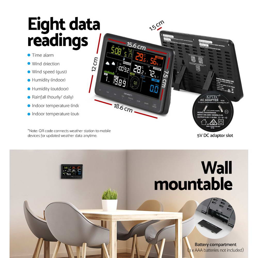 Devanti Wireless WiFi Professional Weather Station Solar Sensor LCD UV Light WS-H2950-WIFI-MF-UVL